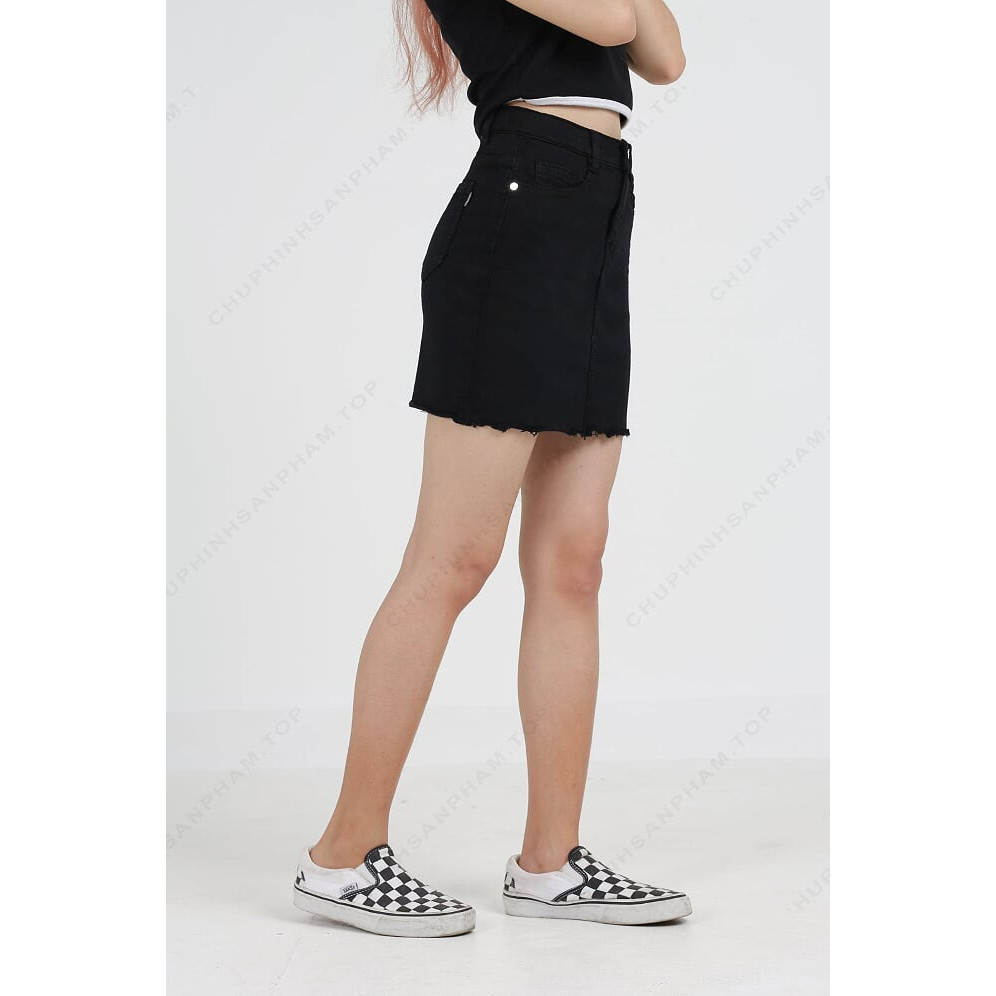 Váy Jean KHJ  Chữ A  - Đen Tuyền - Tua Lai