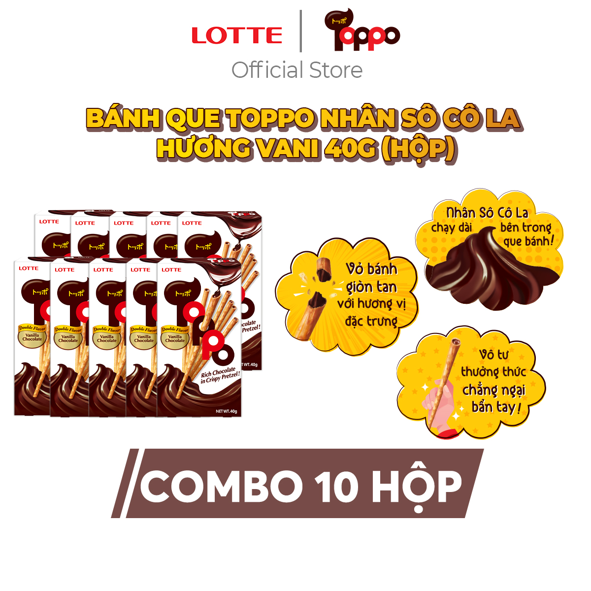 Combo 10 hộp Bánh que Toppo nhân sô cô la hương Vani 40 g (hộp)