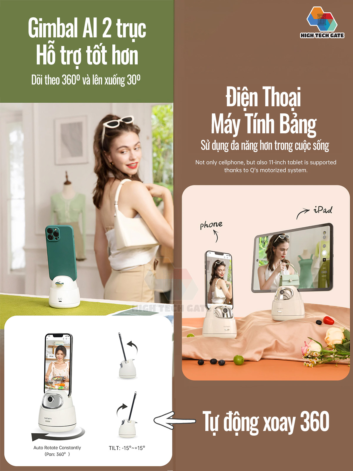 Giá đỡ điện thoại xoay 360 tự động dõi theo chuyển động 2 trục, công nghệ AI không cần APP, không bluetooth, pin cao phiên bản GO, hàng chính hãng