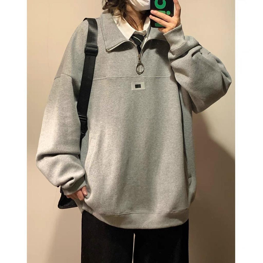 Áo Sweater Zip Nỉ Nam Nữ Unisex Cổ Cao Dáng Thụng Logo Trước