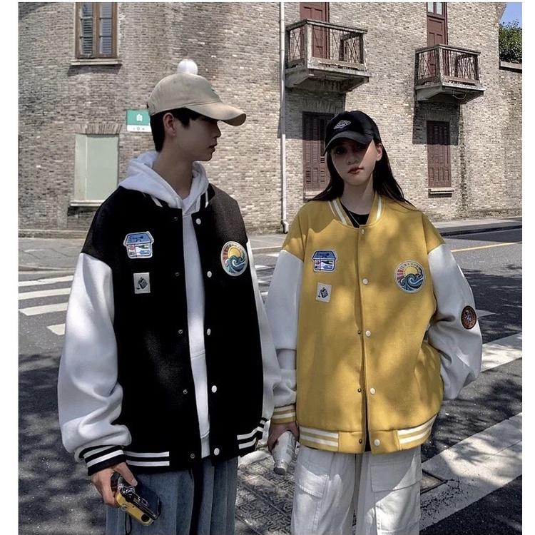 Áo Khoác Bomber Nỉ Bông Thêu Logo Sóng Nổi Varsity Form Rộng Unisex Nam Nữ Phối Phong Cách Ulzzang