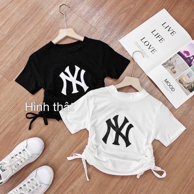 Áo thun rút dây croptop in chữ vải thun lụa