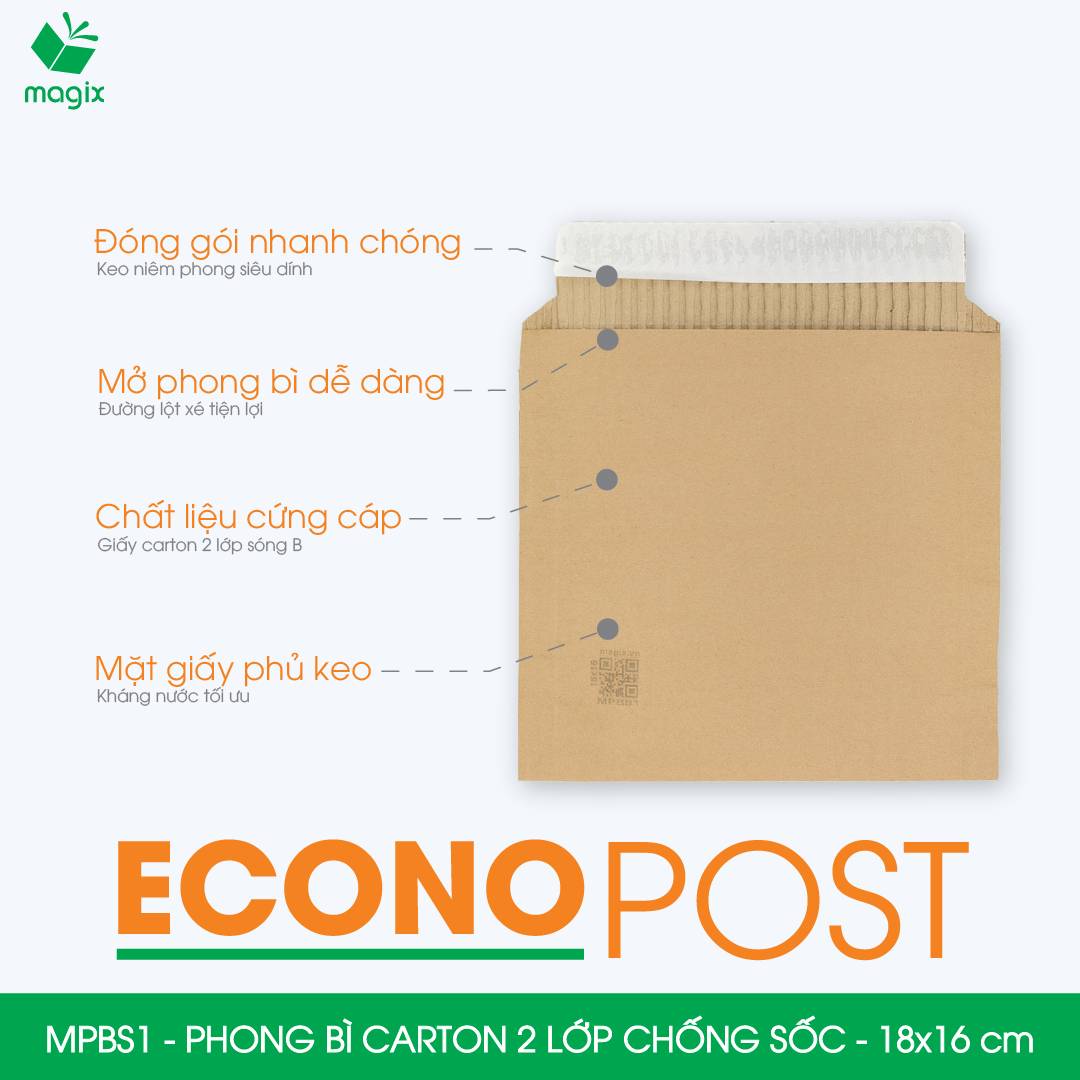 MPBS1 - 18x16 cm - Combo 60 túi phong bì carton chống sốc, chống thấm nước, sẵn keo niêm phong