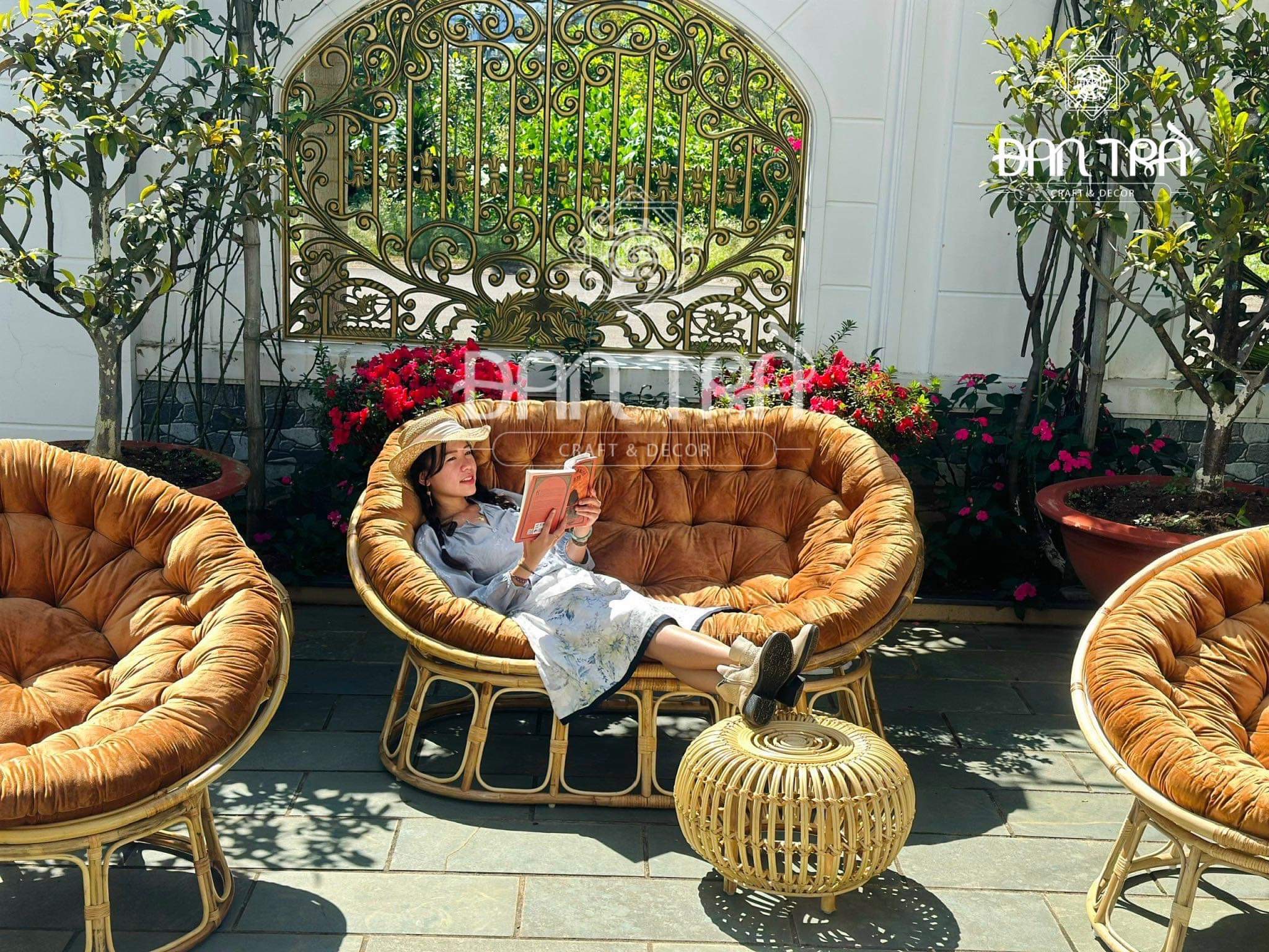 Ghế Mây Mamasan Size 1m6, Ghế Sofa Mây, Ghế Mây Papasan Đôi Thư Giãn Kèm Nệm Cao Cấp - Xưởng Bàn Ghế Mây Tre ĐAN TRÀ