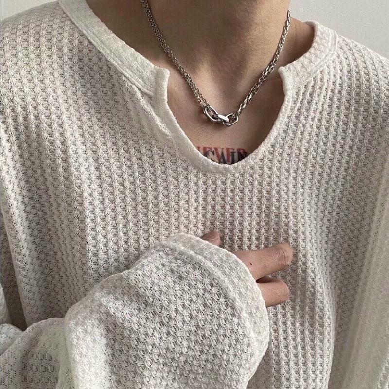 Áo thu đông len mỏng tay dài Unisex long tee Ảnh thật tại shop, màu trắng kem vintage
