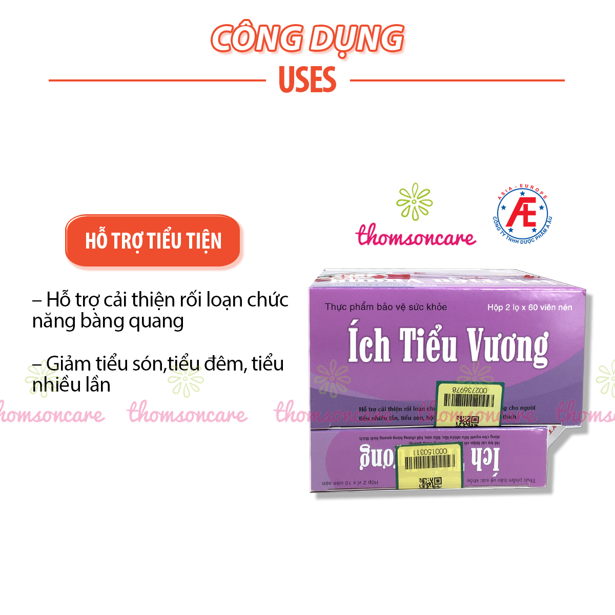 Ích Tiểu Vương - Hộp 2 lọ x 60 viên - Hỗ trợ giảm tiểu đêm từ thảo dược từ cao trinh nữ hoàng cung và kẽm