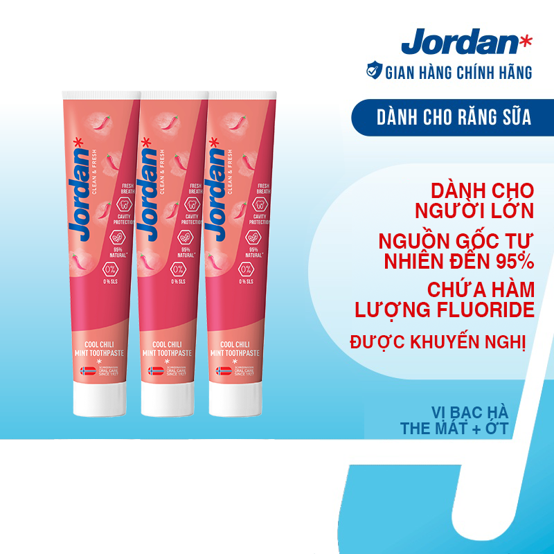 Combo 3 Kem đánh răng cho ngưởi lớn vị bạc hà và ớt Jordan Clean &amp; Fresh Cool - 75g