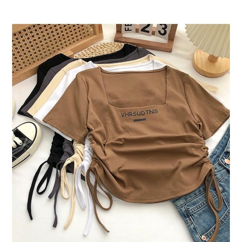 Áo croptop nữ FM Stye cổ vuông tay ngắn rút dây 2 bên thời trang basic phong cách ulzzang 22110030