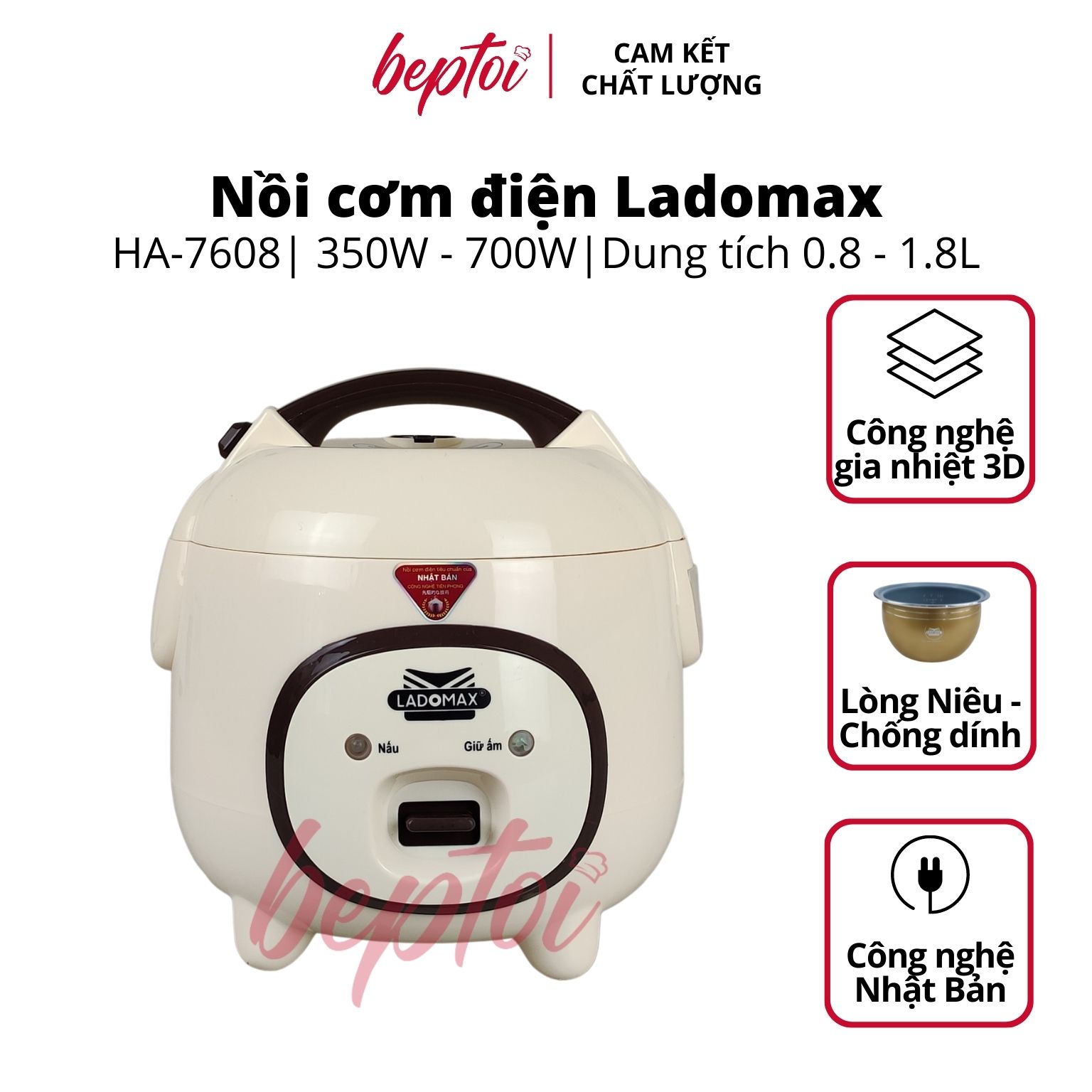 Nồi cơm điện nắp gài Ladomax, nồi cơm điện mini công suất 350W - 700W, dung tích 0.8L - 1.2L - 1.8L HA-76 Series Hàng chính hãng