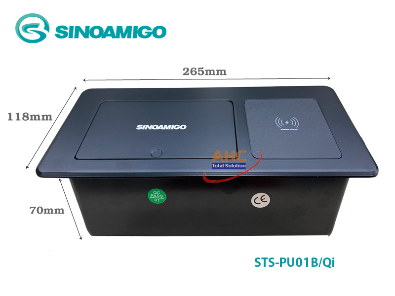 Hộp ổ cắm điện âm bàn Sinoamigo STS-PU01B-Qi. Tích hợp sạc không dây 15W, 2 ổ cắm điện, 1 cổng sạc USB-type C, cổng USB-type A. Hàng chính hãng