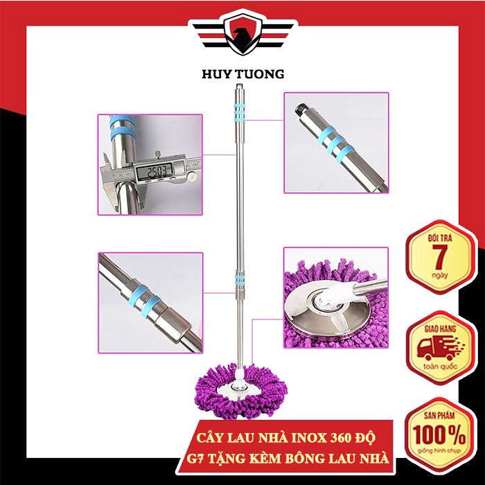 Cây lau nhà inox 360 độ Huy Tưởng G7 tặng kèm bông lau nhà ( màu ngẫu nhiên ) + Móc treo cây lau nhà cao cấp