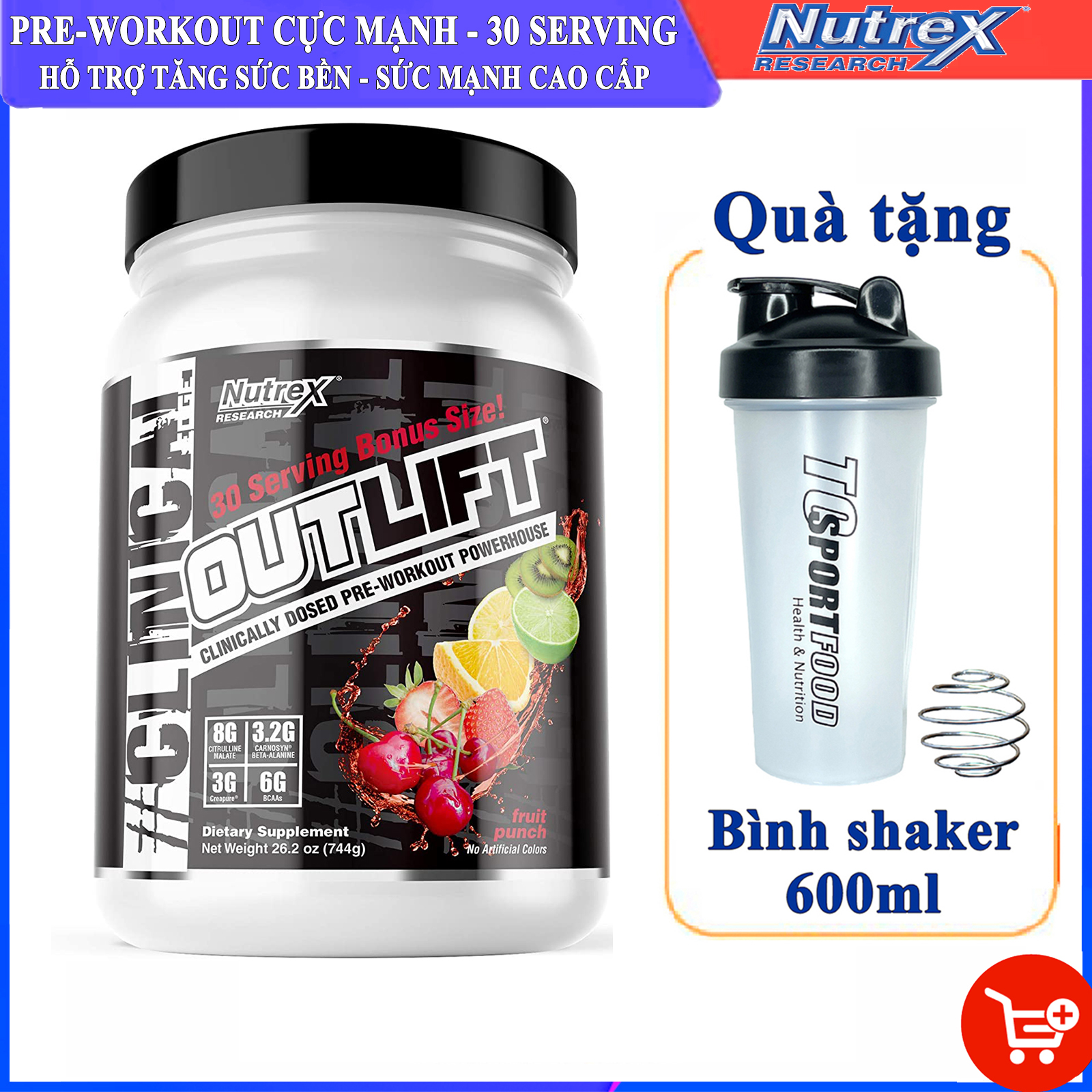 Combo Pre-workout Outlift của Nutrex hương Fruit Punch hộp 30 lần dùng hỗ trợ tăng sức bền, sức mạnh trước tập, giảm cân, đốt mỡ cho GYMER &amp; Bình shaker 600ml (Mẫu ngẫu nhiên)