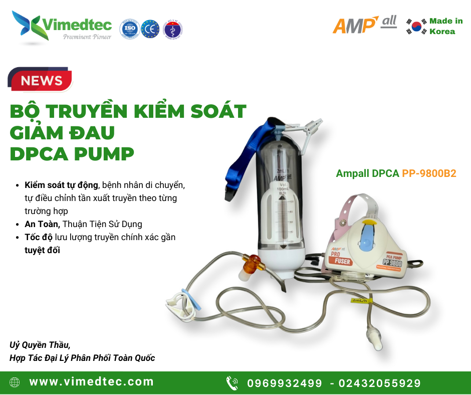 Vimedtec Ampall Bộ Truyền Dịch Thuốc Kiểm Soát Giảm Đau Tự Động (Disposable PCA Pump) An Toàn Lưu Lượng Truyền Chính Xác Tuyệt Đối. Nhập Khẩu Hàn Quốc Chất lượng CE Châu Âu. Mã PP-9800 B2