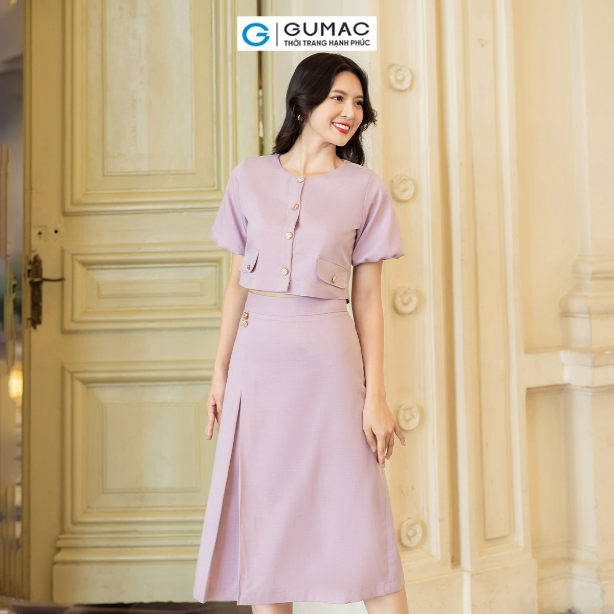 Set lẻ Áo ngắn tay bí thời trang GUMAC AD07011 - Chân váy A xếp ly thời trang GUMAC VD07012