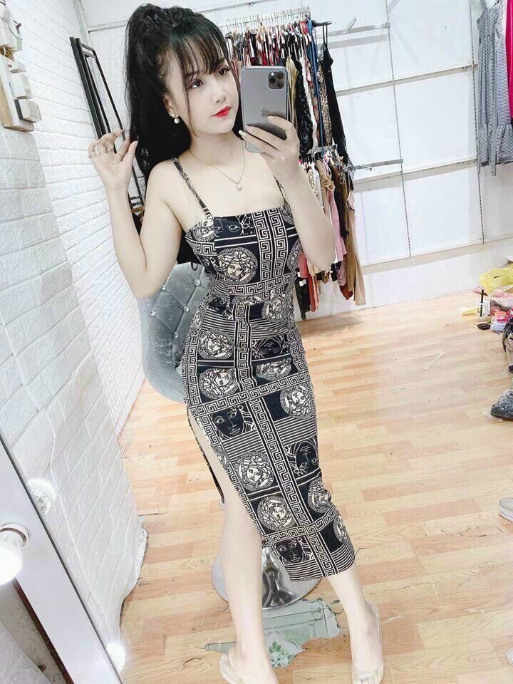 Đầm body hai dây vải thun dẻo co giãn thoải mái có mút ngực
