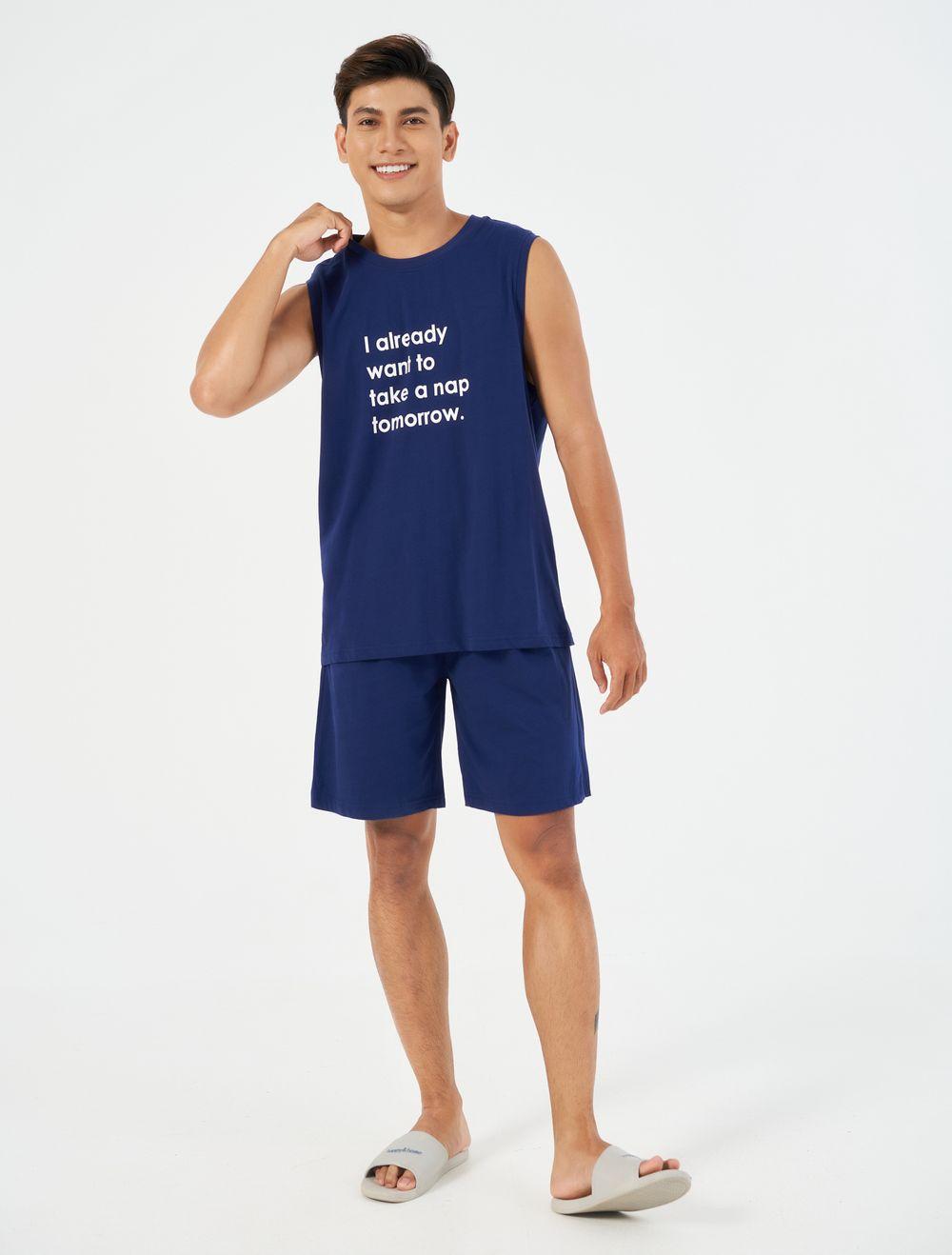 Bộ mặc nhà nam in chữ CANIFA Bộ mặc nhà chất liệu 100% cotton, áo sát nách, quần soóc cạp chun 8LS22S005