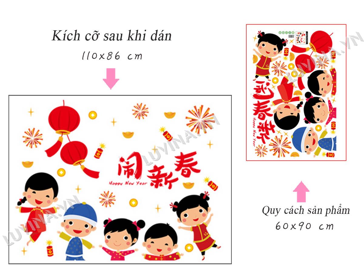Decal trang trí tết- đèn lồng và các bé