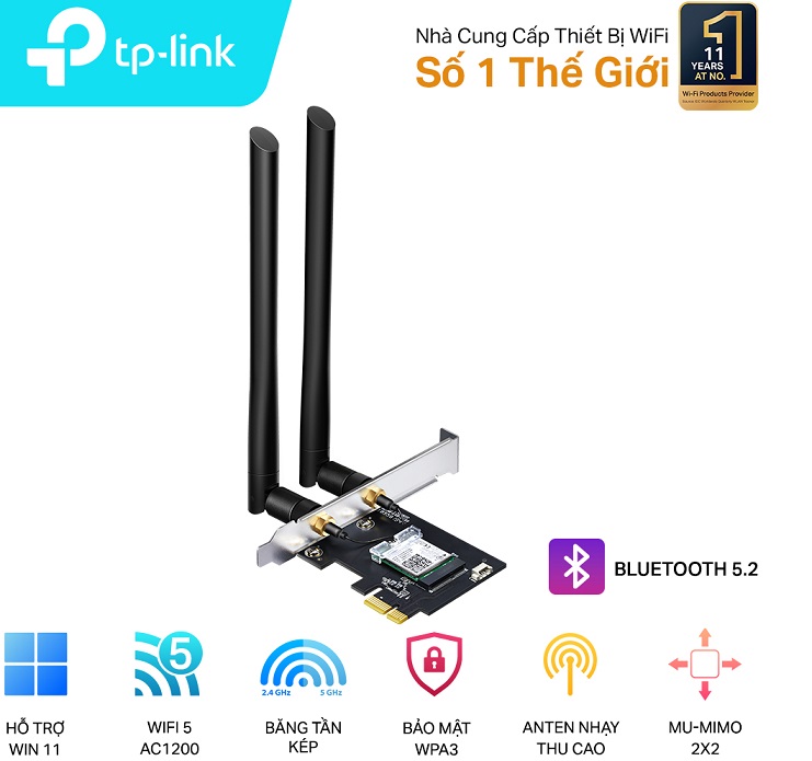 Cạc mạng không dây TP-Link PCI-E Archer T5E AC1200Mbps, 2 Ăng ten ngoài- Bluetooth - Hàng Chính Hãng