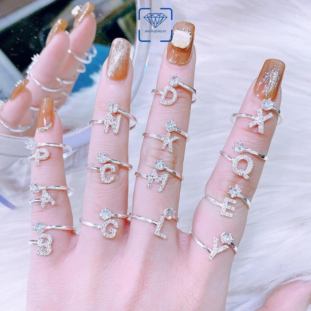 Nhẫn chữ cái bạc đính đá dáng hở cá tính nữ, Anchi jewelry