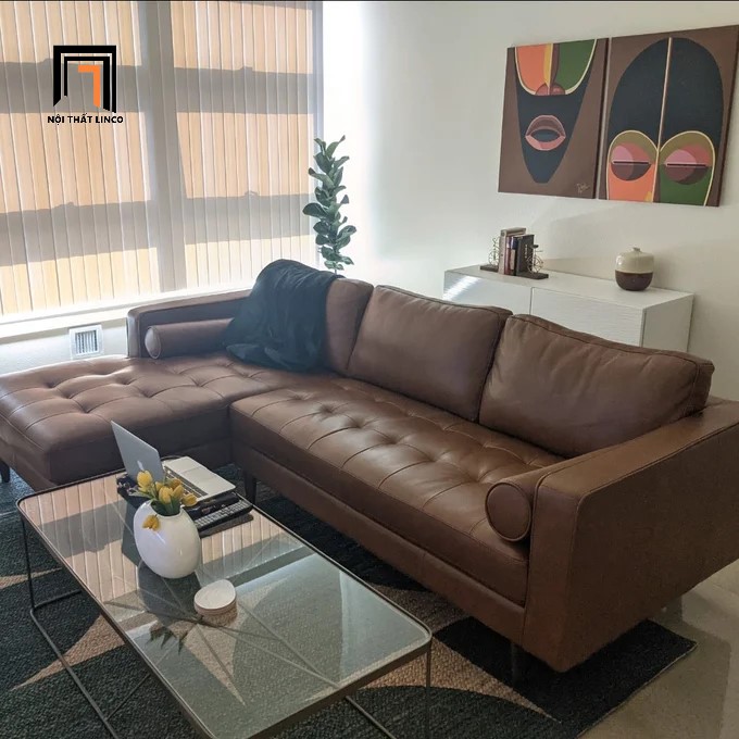 Bộ ghế sofa góc L Linco Matilda bọc giả da màu da bò
