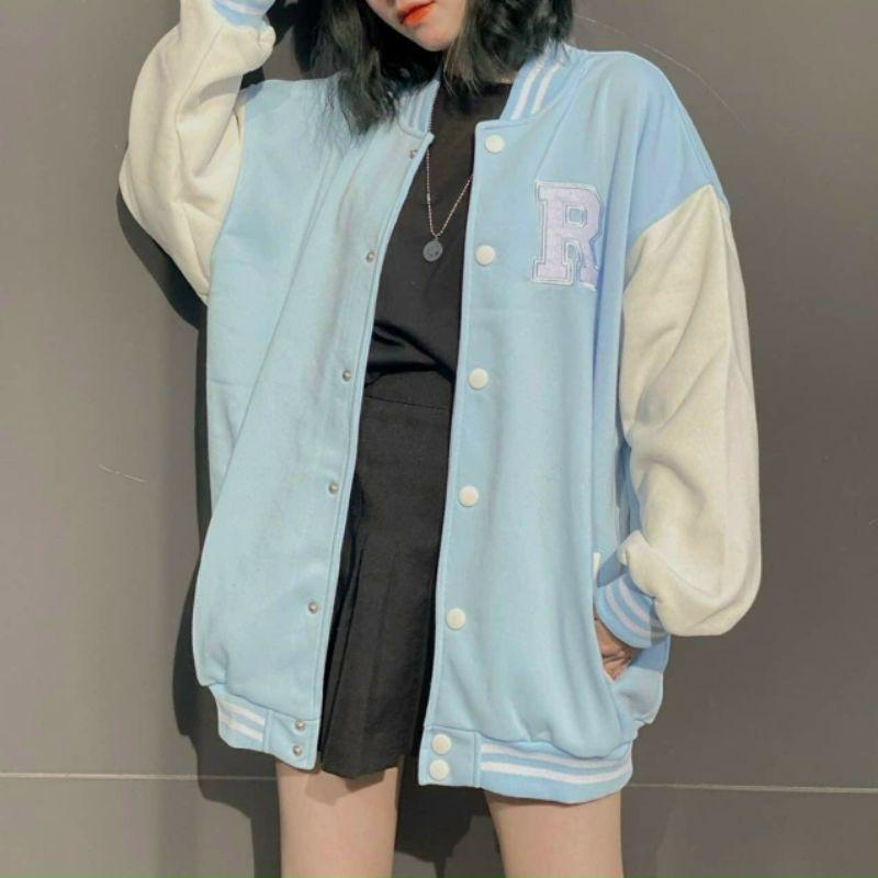 Áo Khoác Nỉ Bomber Thêu R Ulzzang Nam Nữ Form Rộng