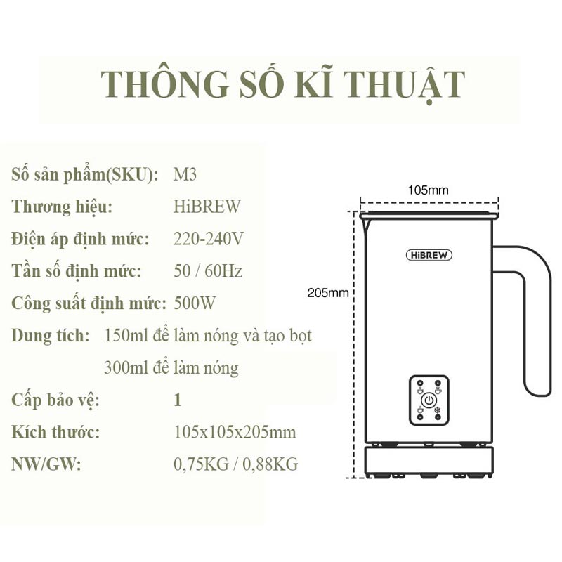 Máy đánh bọt sữa tự động 4 in 1 HiBREW M3, bọt sữa nóng và lạnh đều được, pha chế ngũ cốc, socola sữa tự động, thân vỏ bình inox 2 lớp, hàng chính hãng