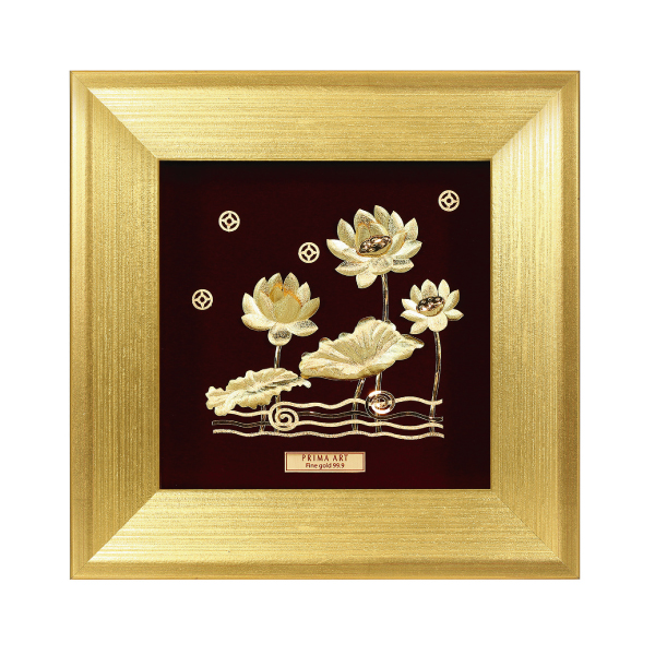 Hình ảnh Tranh Vàng 24K PRIMA ART - Ba cành Sen vàng May mắn Bình an - Size 18 x 18 cm - CGS-0716-02
