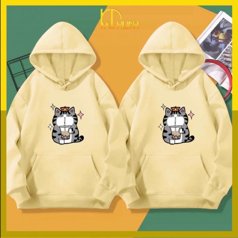 Áo hoodie cặp in mèo hoàng thượng uống trà sữa
