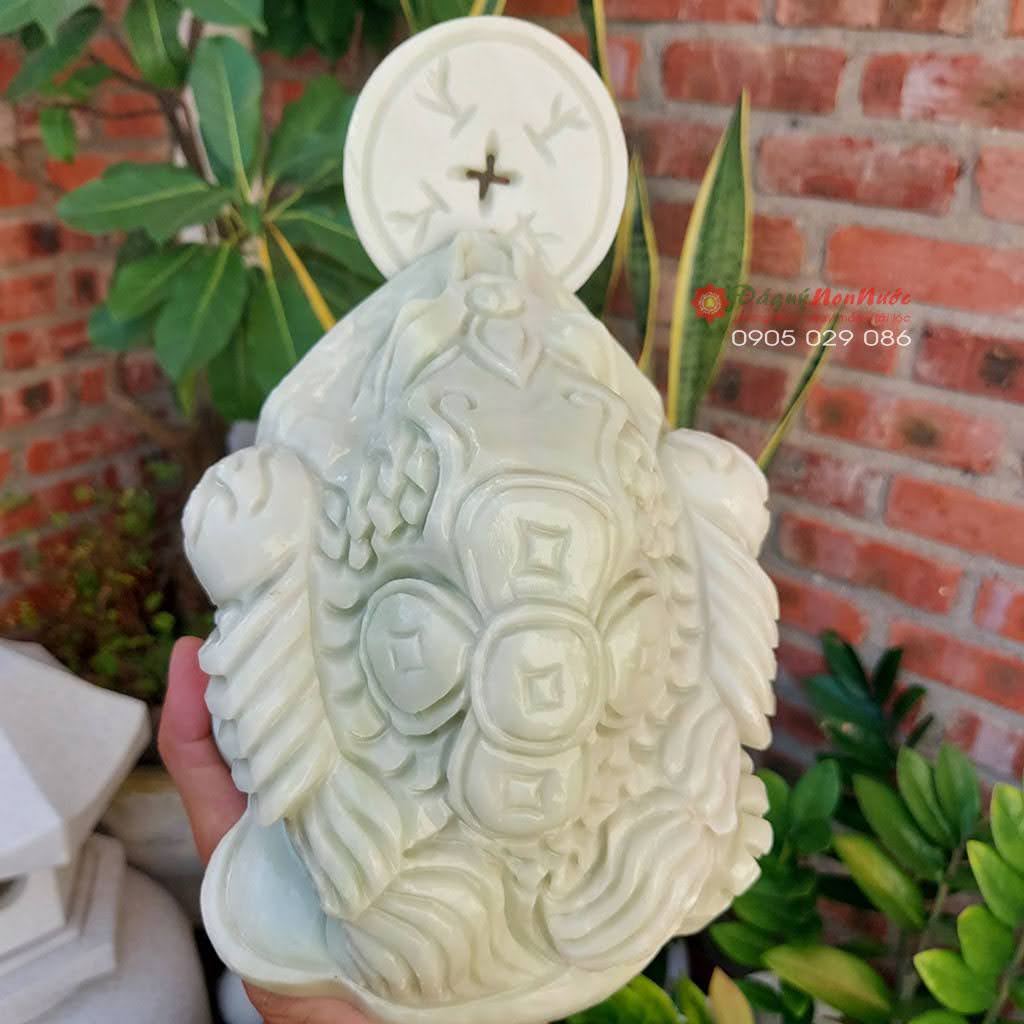 Tượng thiềm thừ cóc 3 chân đá trắng xanh 19cm đá Non Nước