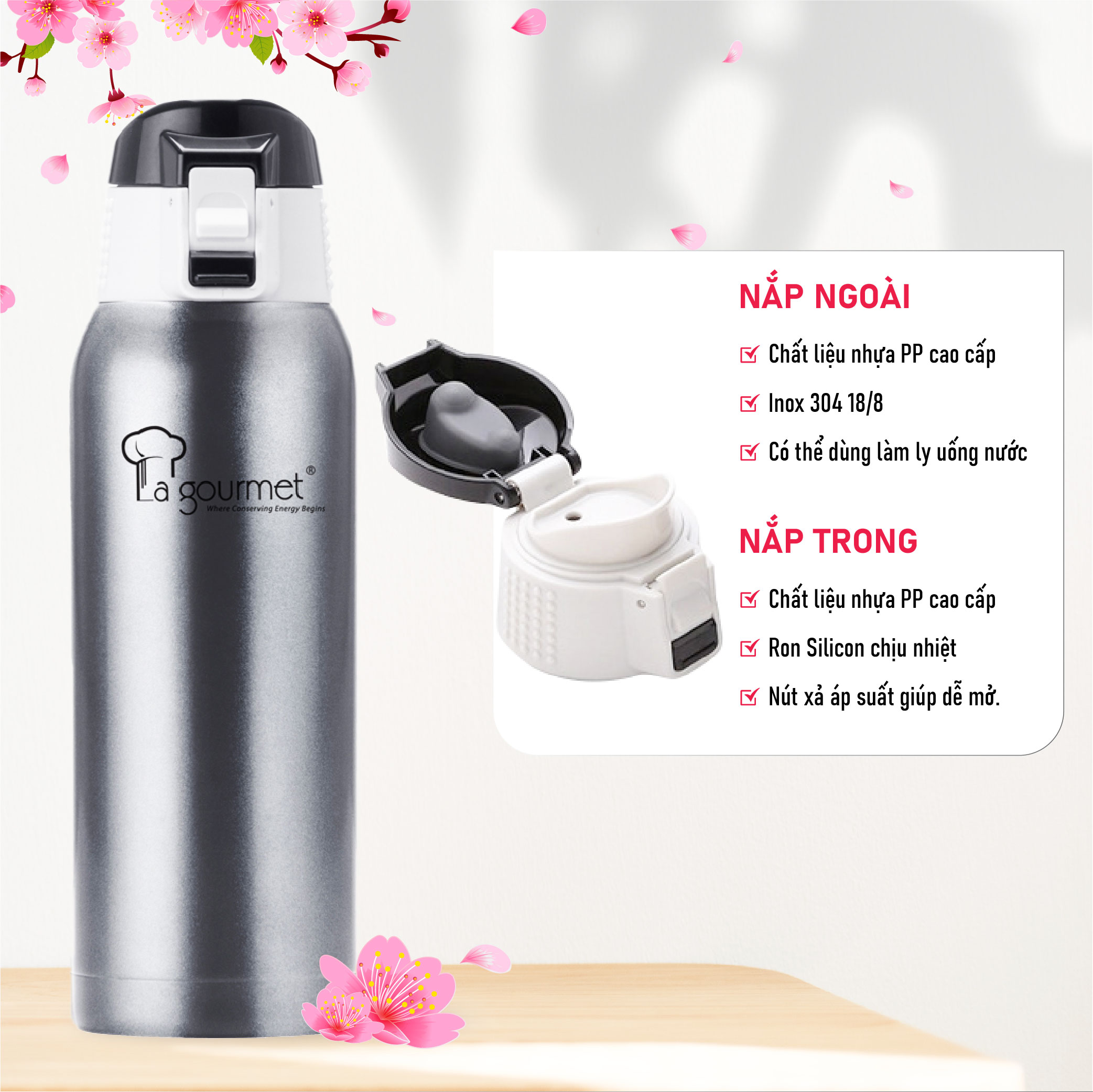 Bình giữ nhiệt cao cấp La gourmet Sakura Plus 750ml - 338648 (bảo hành 5 năm)