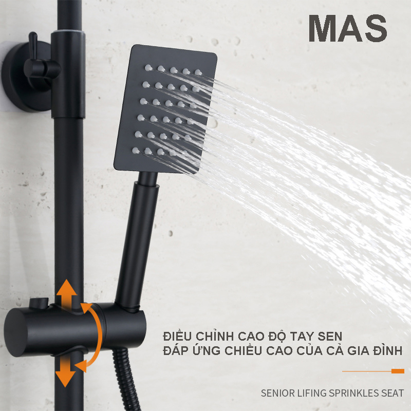 Vòi sen, Sen cây, sen tắm đứng nóng lạnh VUÔNG INOX sơn tĩnh điện màu ĐEN 4 chức năng, củ sen đồng vàng