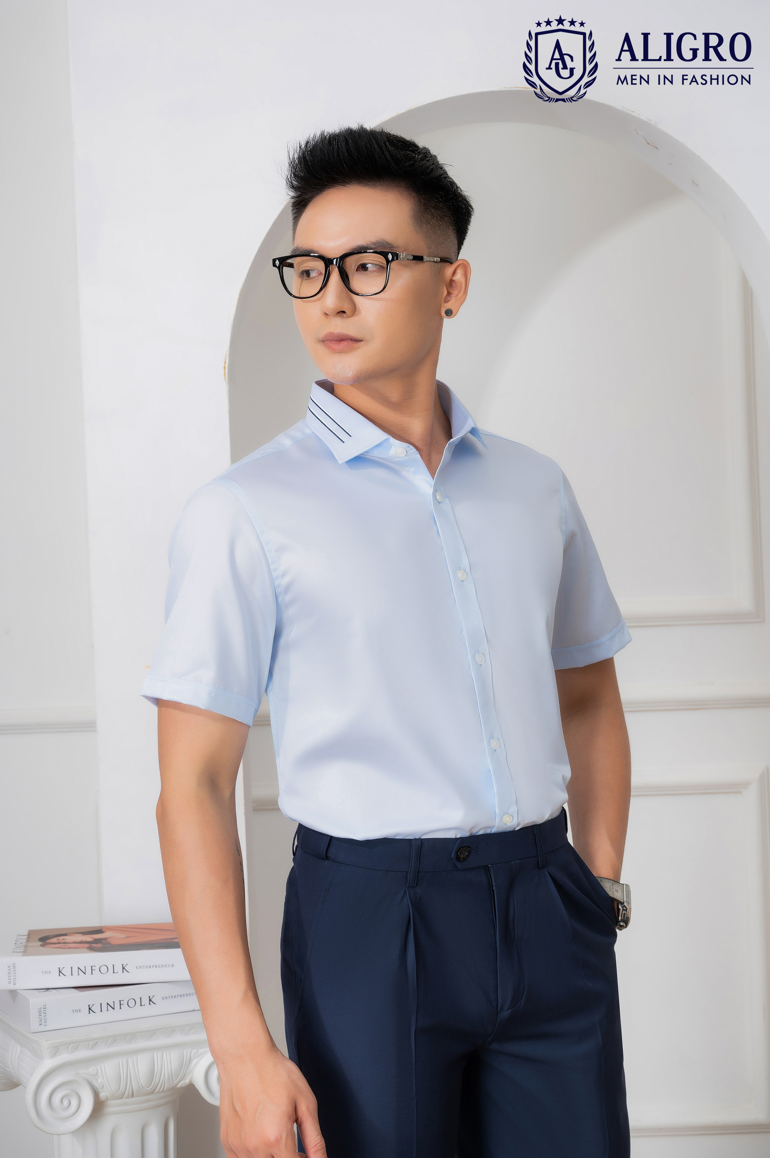 Áo sơ mi nam ngắn tay ALIGRO màu xanh vải cotton chống nhăn, kháng khuẩn cao cấp form slim vừa công sở ALGS-C114