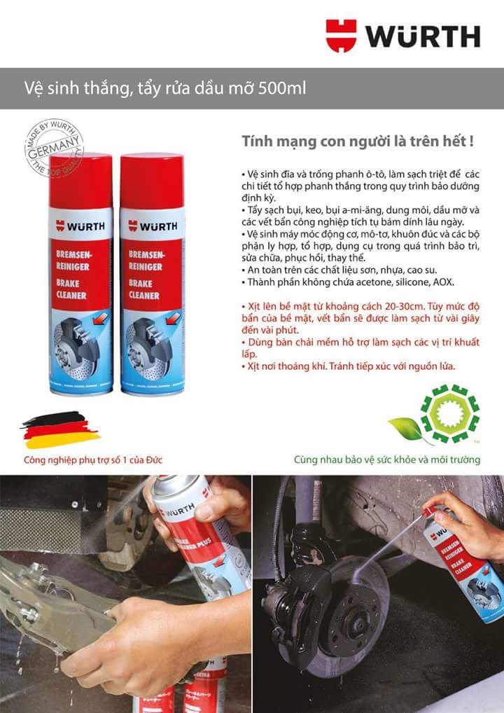 Combo mỡ bò nước Wurth HHS 2000 + Chai vệ sinh thắng (phanh) đĩa Wurth Brake Cleaner