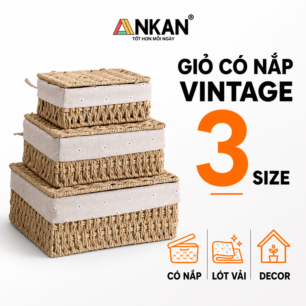 Giỏ Đựng Mỹ Phẩm Có Nắp ANKAN Dùng Để Bàn, Đựng Đồ Mini, Sắp Xếp Đồ Đạc Gọn Gàng, Ngăn Nắp