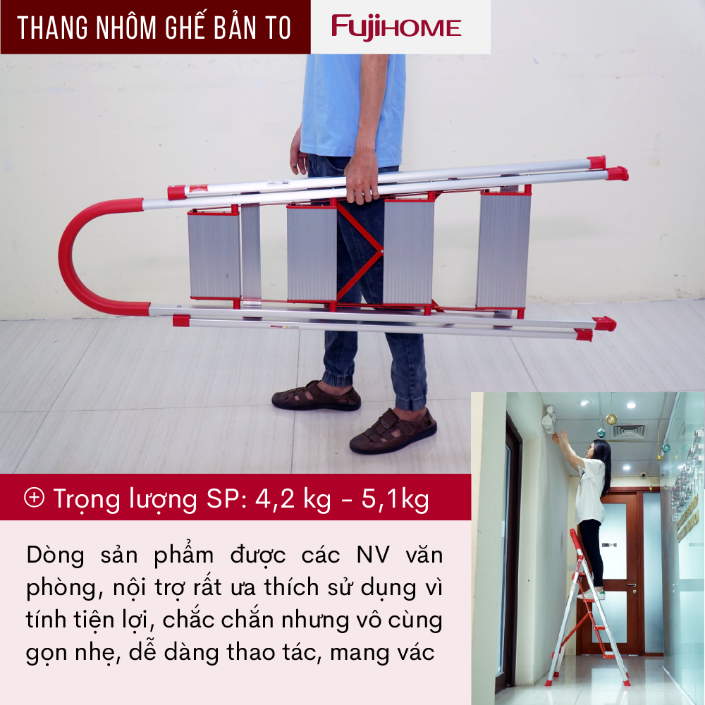 Thang ghế nhôm chữ A tay vịn bản to 6 bậc 1,9m xếp gọn Nhật Bản Fujihome chống trượt, Ghế thang chữ A thắp nhang gia đình đa năng rút gọn inox 1m9 mét step stool ladder