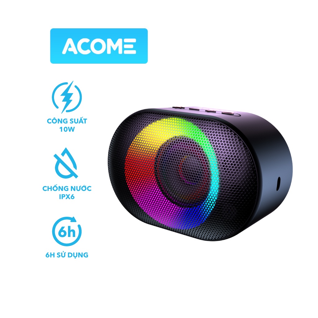 [ CÔNG SUẤT 10W ] Loa Bluetooth ACOME, Hiệu Ứng LED, Phát Nhạc 6H, Chống Nước Chuẩn IPX6 - Hàng Chính Hãng