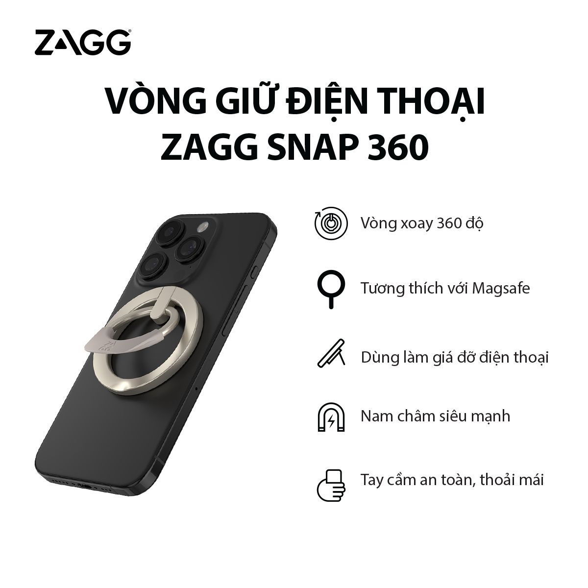 Vòng giữ điện thoại Zagg Snap - hít nam châm - quay tròn 360 độ - hàng chính hãng - bảo hành 1 năm