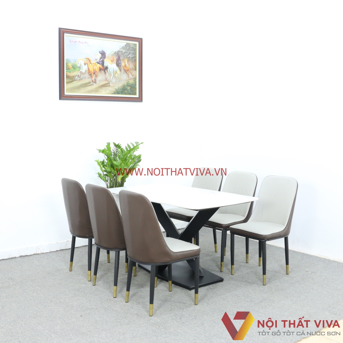 Bộ Bàn Ăn 6 Ghế Bọc Nệm Chân Chữ X Sơn Tĩnh Điện Mặt Đá Trắng Hiện Đại