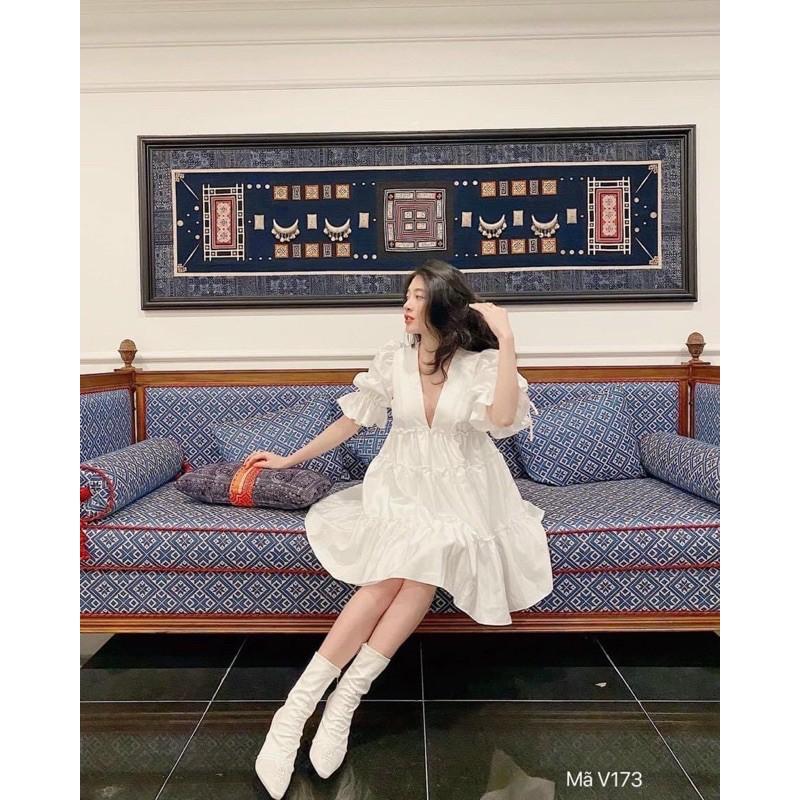 Váy suông dự tiệc babydoll cổ V, dáng xuông xòe dễ thương, freesize, đầm thiết kế tay phồng bo chun - Michi's House