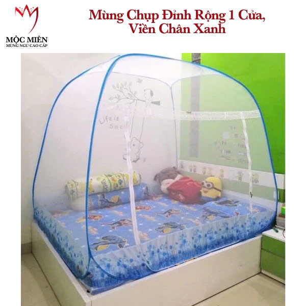 Màn Chụp Cao Cấp Mộc Miên Đỉnh Rộng - Kích Thước 1,6mx2m Hoạ Tiết Trắng Viền Xanh