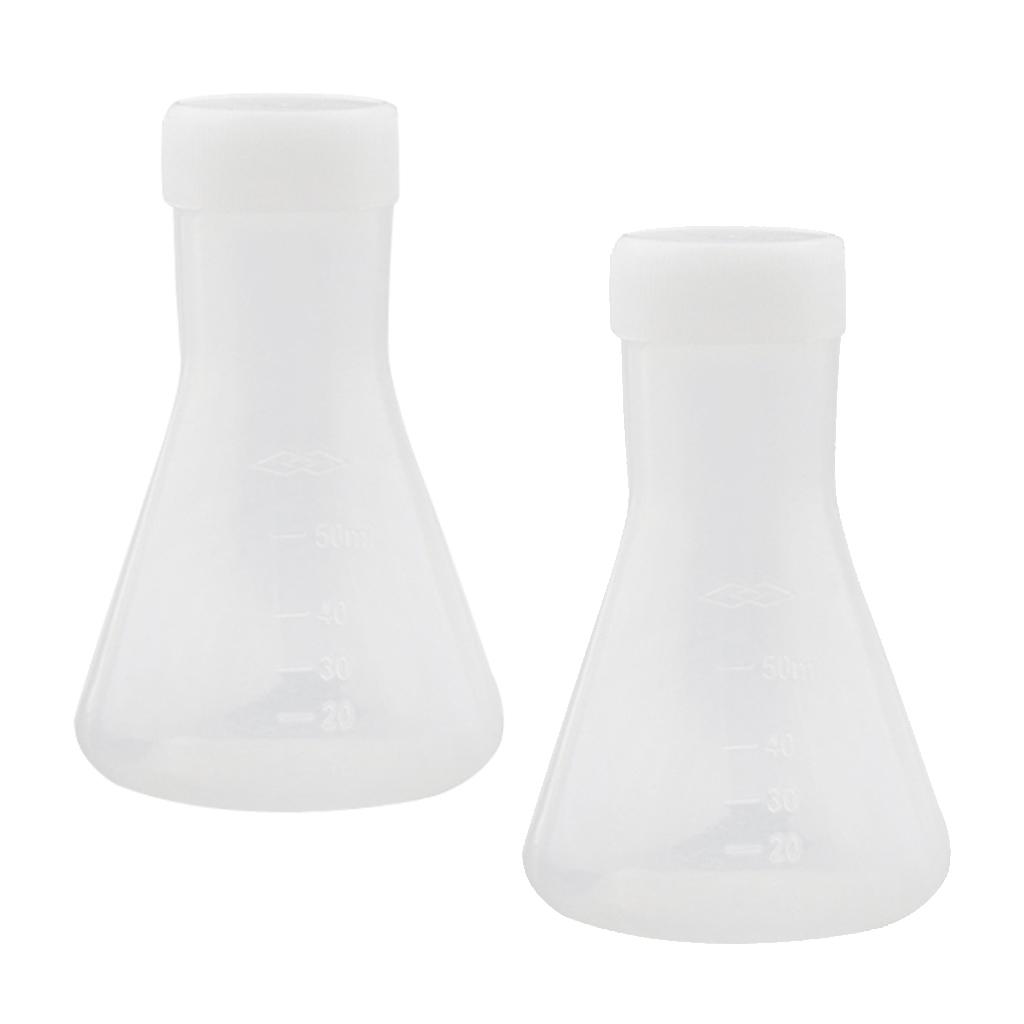 2x2 Pcs Lab Experiment Graduated Plastic Conical Flask Erlenmeyer w/ Cap 50mL