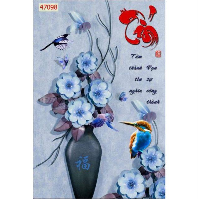 Tranh dán tường 3D bình hoa chữ thư pháp