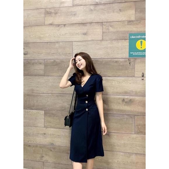 Đầm công sở cổ V phối nút, váy dự tiệc Hàn Quốc nữ trẻ trung, chất liệu mềm mịn cao cấp