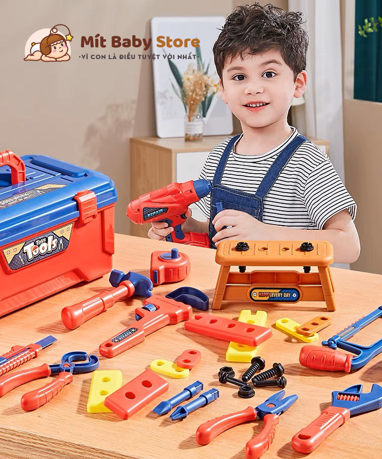 Bộ kỹ sư lắp ráp cao cấp dành, dụng cụ sửa chữa, lắp ráp ốc vít có mũ, kính, khoan điện và nhiều phụ kiện cho bé