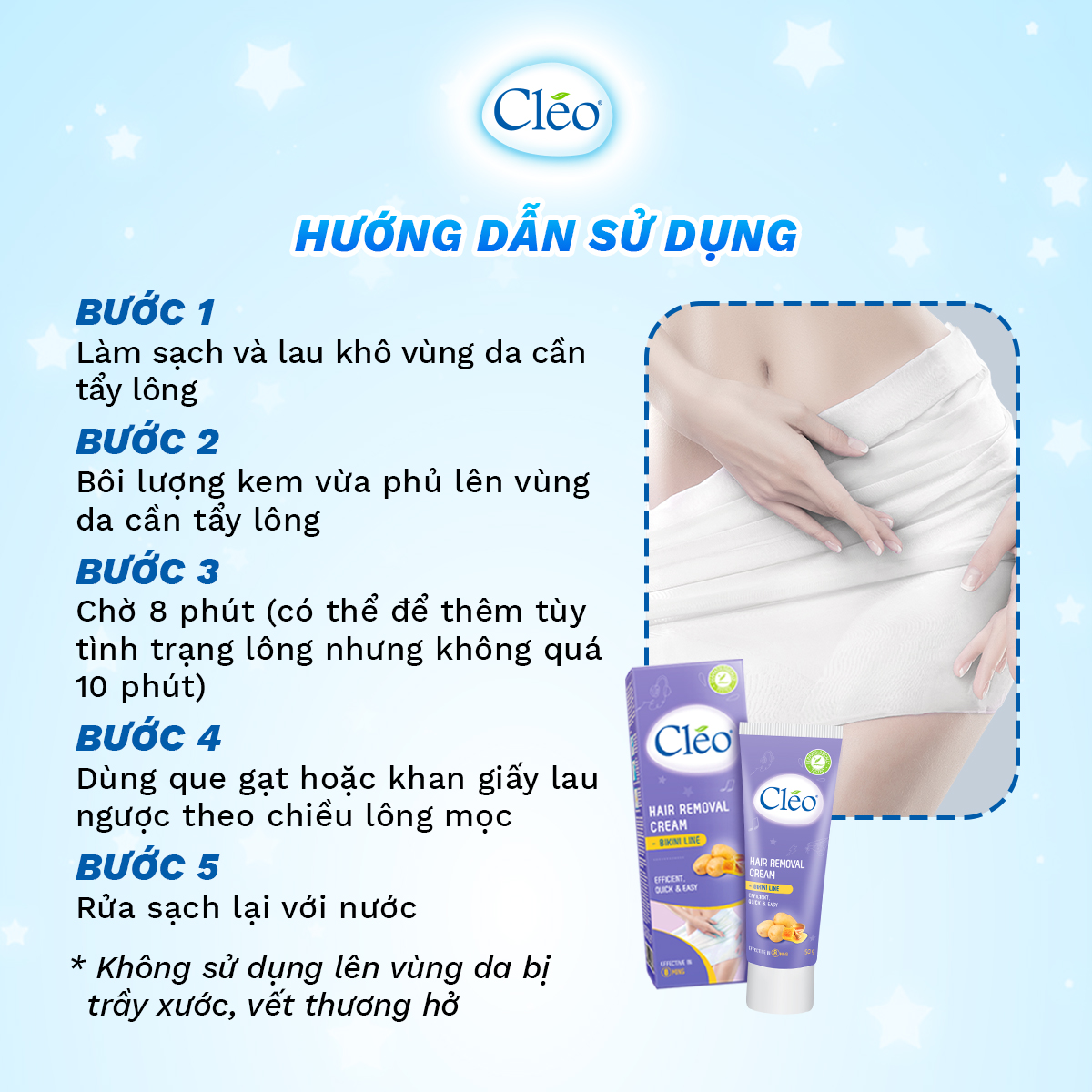 Combo tẩy lông Bikini Cléo, an toàn, không đau rát, hiệu quả trong 8 phút 50g và tẩy lông nách Cléo cho da thường 50g