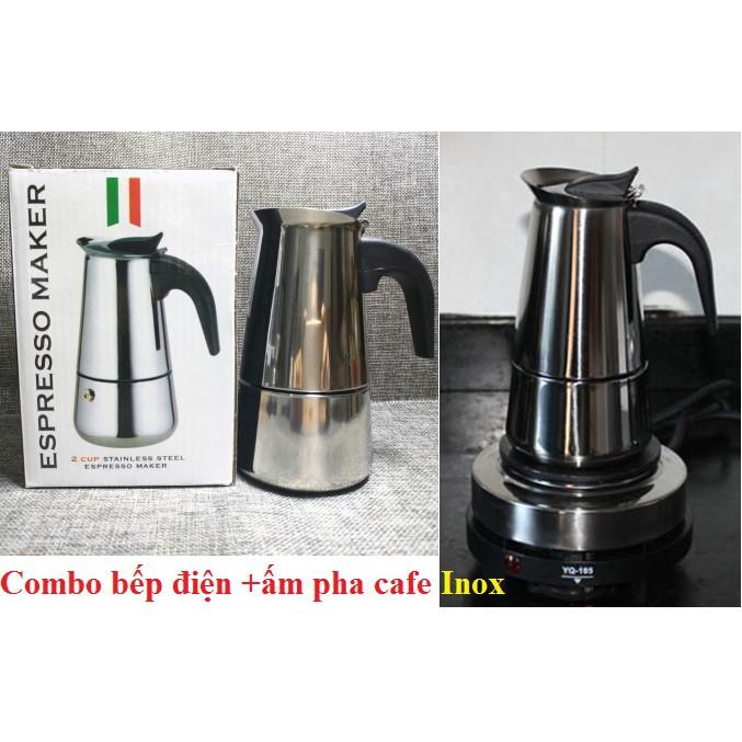 COMBO BÌNH PHA CAFE INOX 200ml moka pot express 4 tách cafe kèm bếp điện đa năng