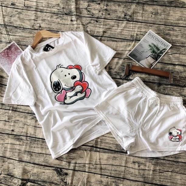 Bộ thun cộc tay quần short đùi in hình chú chó snoopy cute ngộ nghĩnh