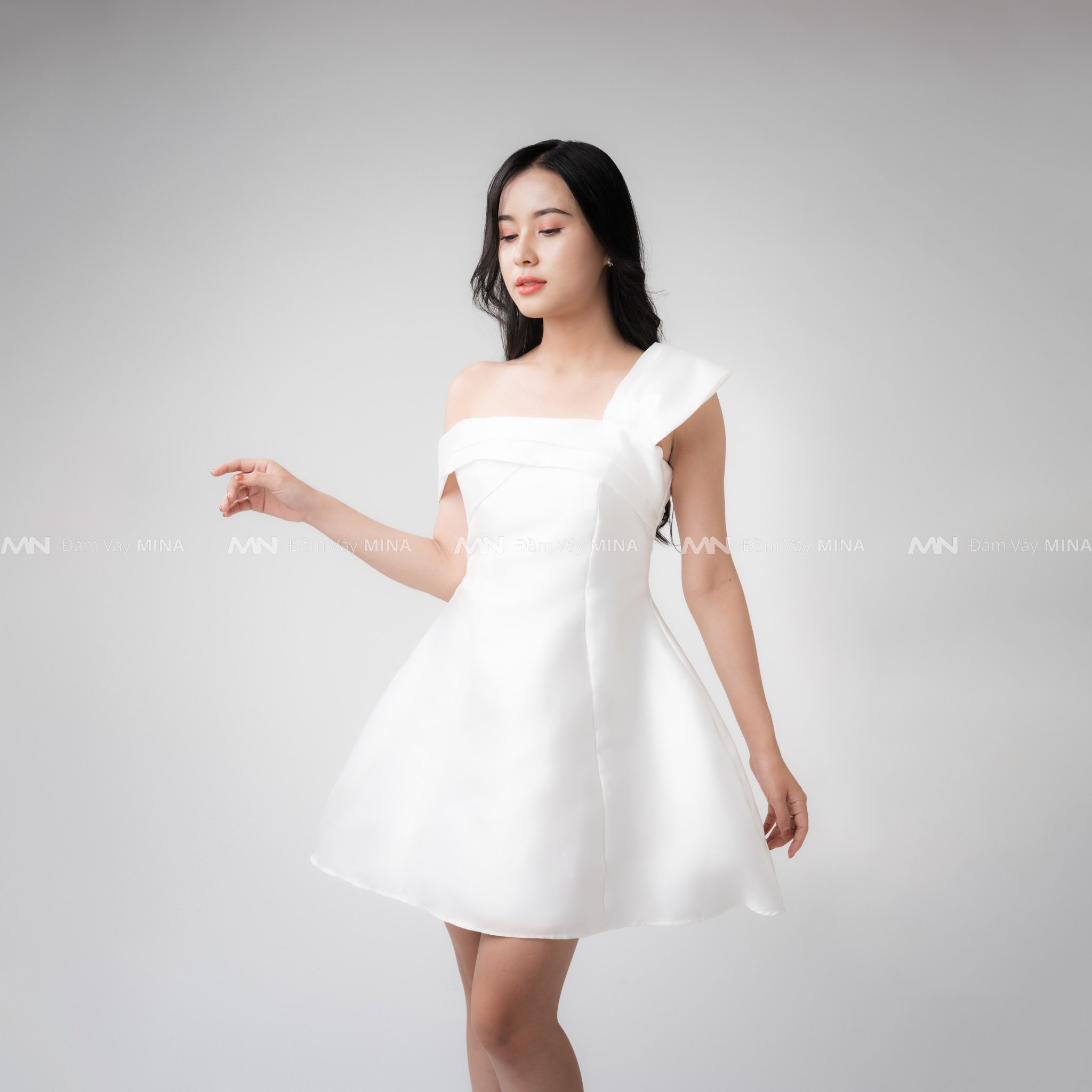 Đầm dự tiệc đầm sang trọng đầm dáng xoè Taffta nơ ngực chéo vai đi chơi dạo phố công sở - MN95 - Đầm Váy Mina