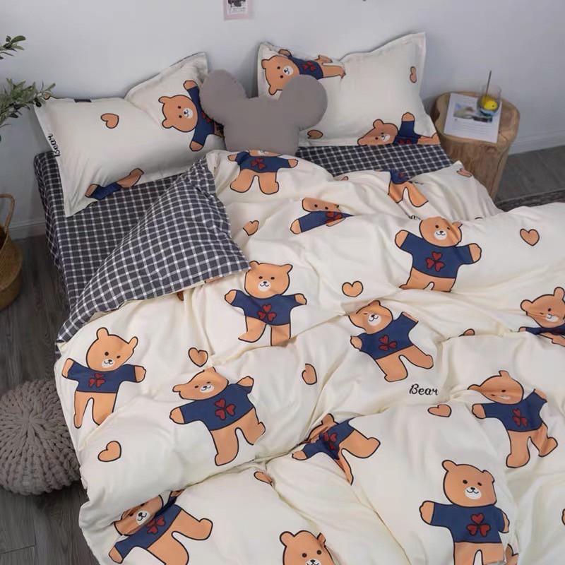 Bộ chăn ga gối phong cách Hàn Quốc gấu bông đáng yêu bo chun đủ kích thước