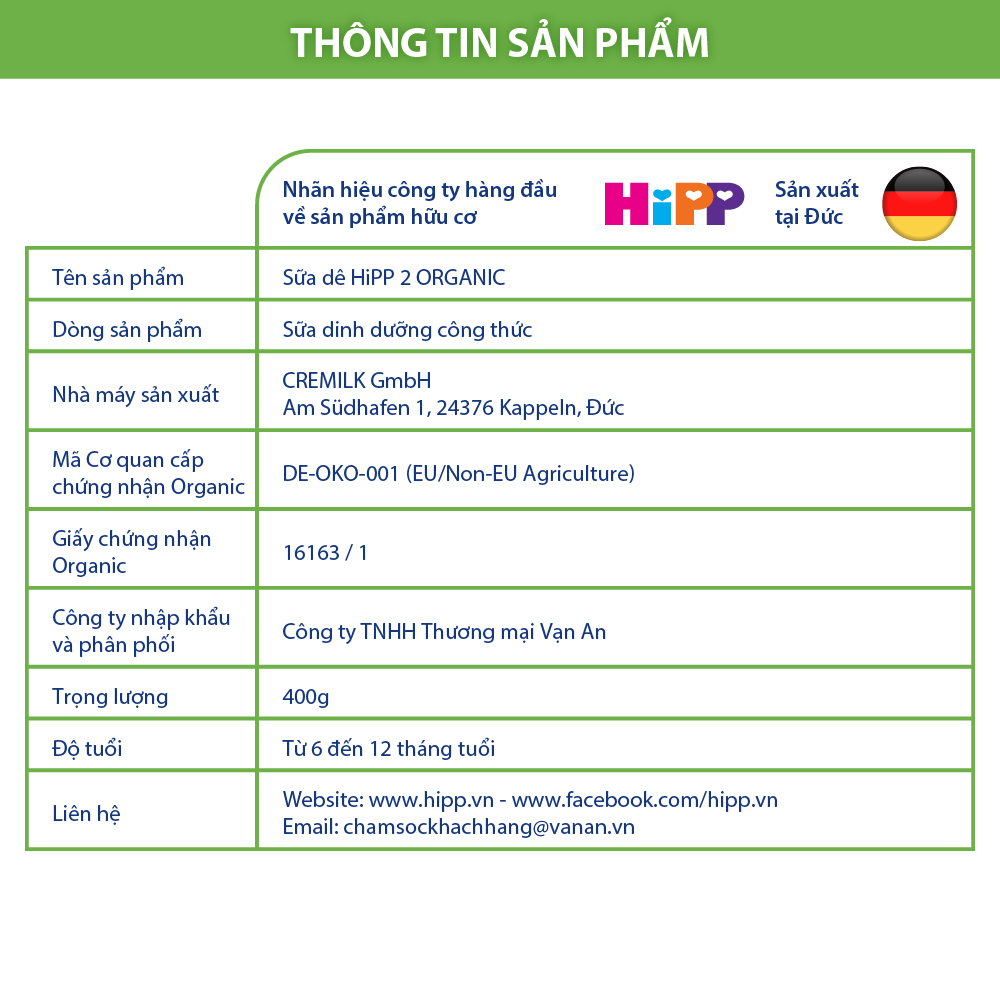 Thùng 6 lon sữa dê HiPP 2 Organic 400g - Nhập khẩu Đức, giúp bé phát triển chiều cao, trí não, tăng cường hấp thu